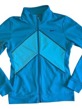 Nike Dri-Fit Turquoise Blue Chevron Stripe Mesh Full Zip Sweatshirt Girls Large